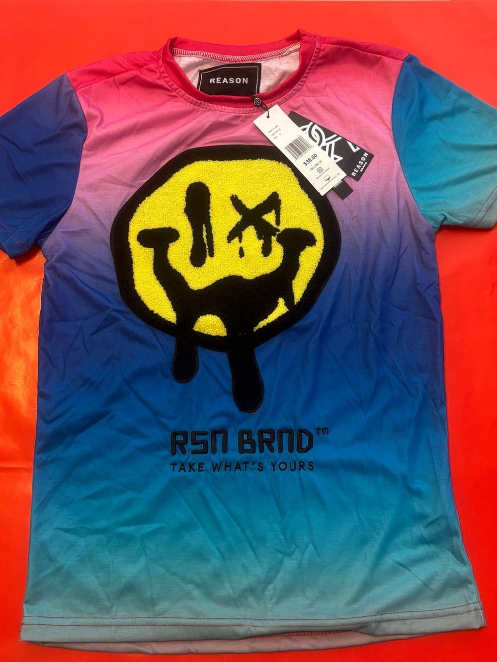 Reason Blue Pink Gradient Tee with Yellow Smiley Patch